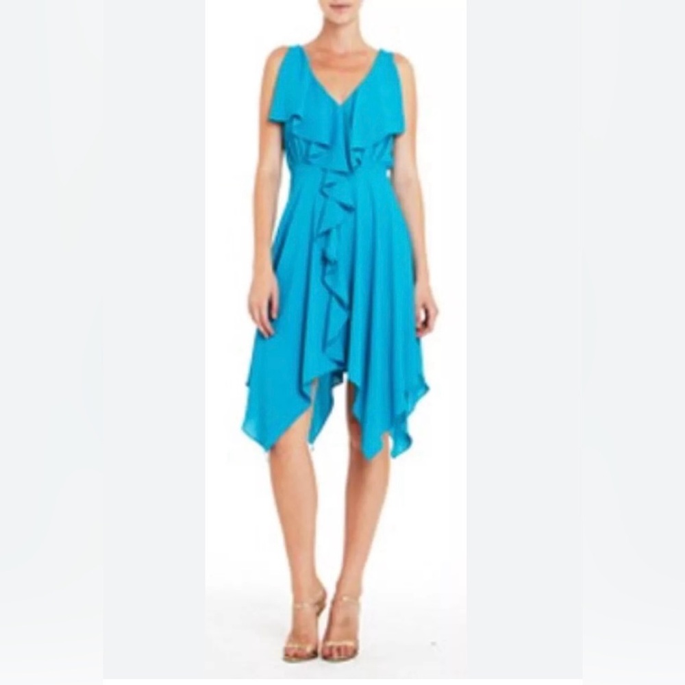 Max and Cleo Blue Asymmetrical Dress with Ruffle Draping